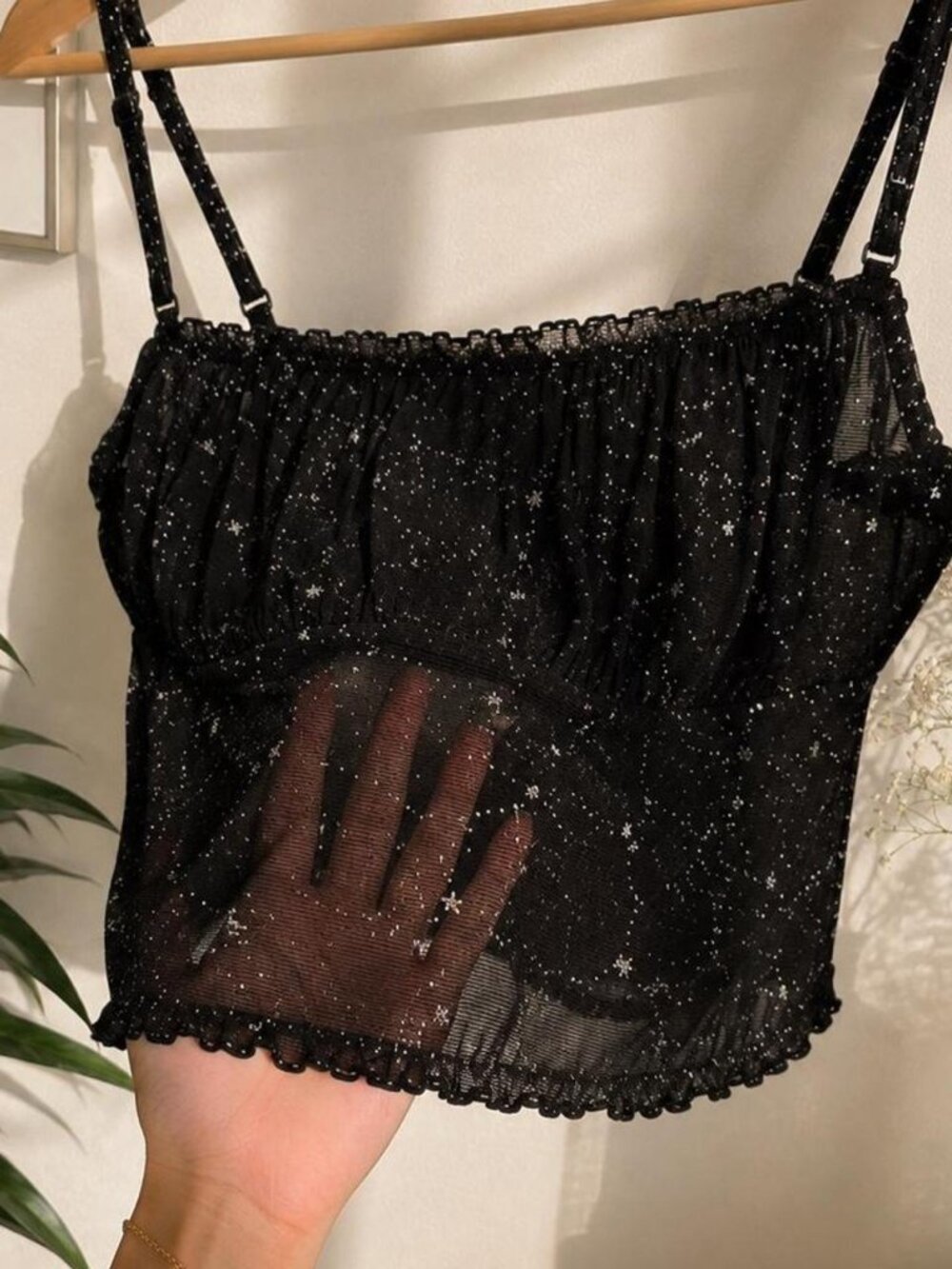 black sheer mesh cami with an allover silver star print L